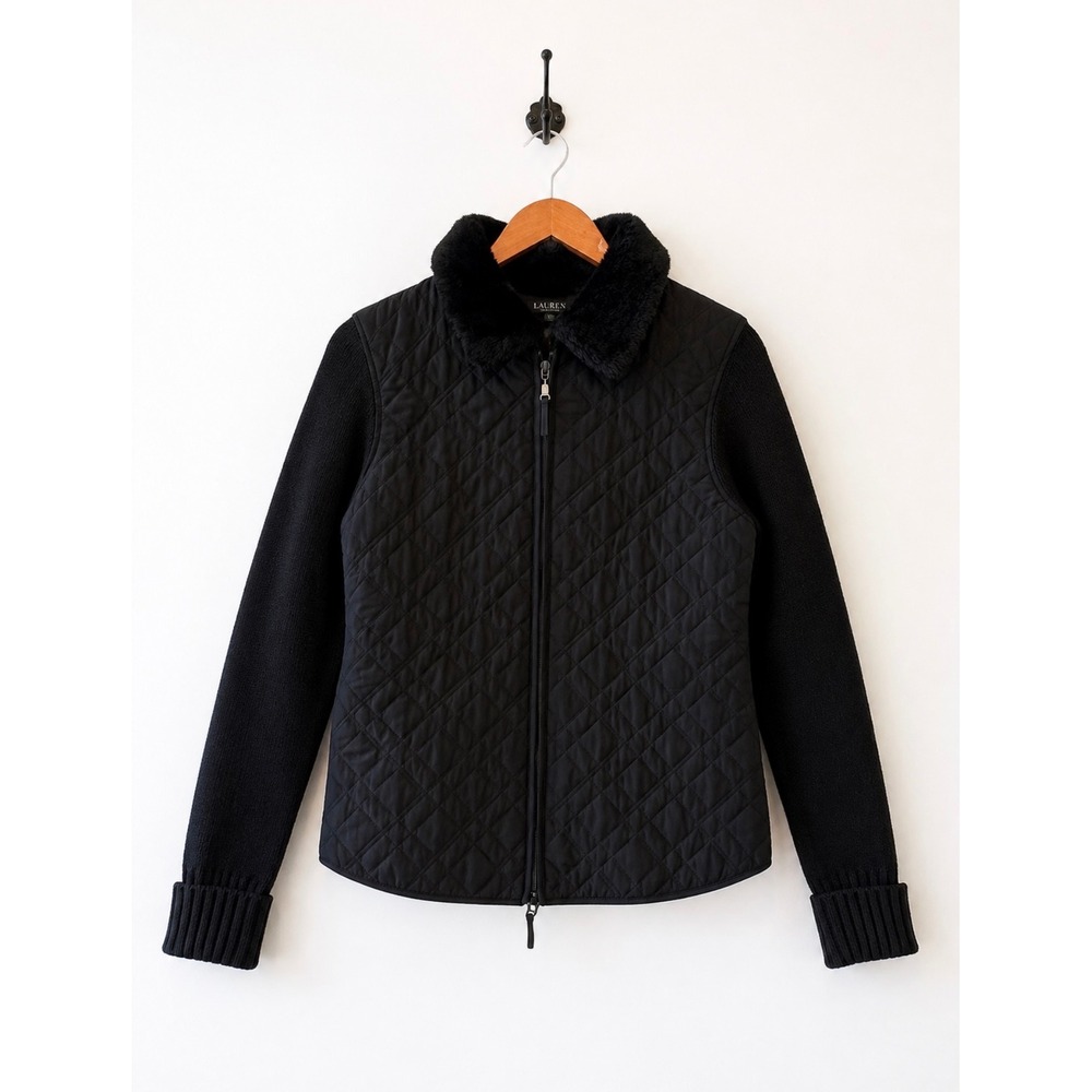 EFFECI Black Quilted Knit Sweater Jacket Faux Fur Collar Zip Front Medium